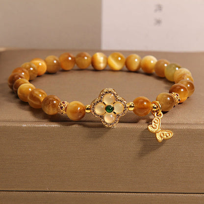 Mythstone Tiger Eye Four Leaf Clover Butterfly Protection Bracelet