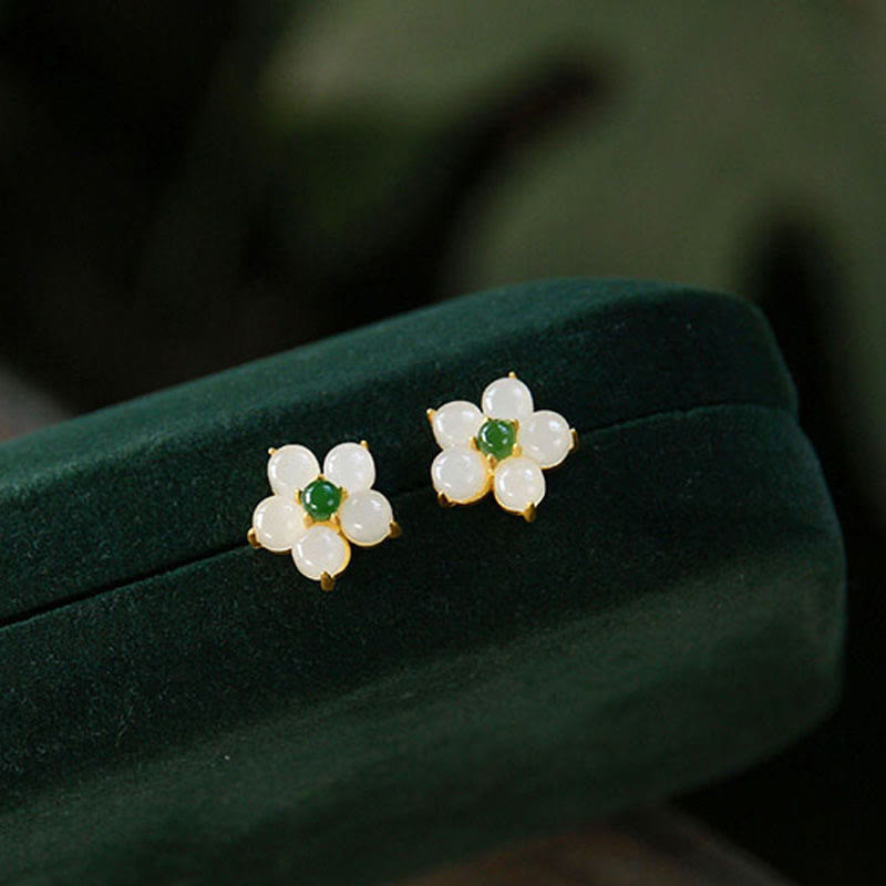 Mythstone White Jade Flower Luck Blessing Stud Earrings