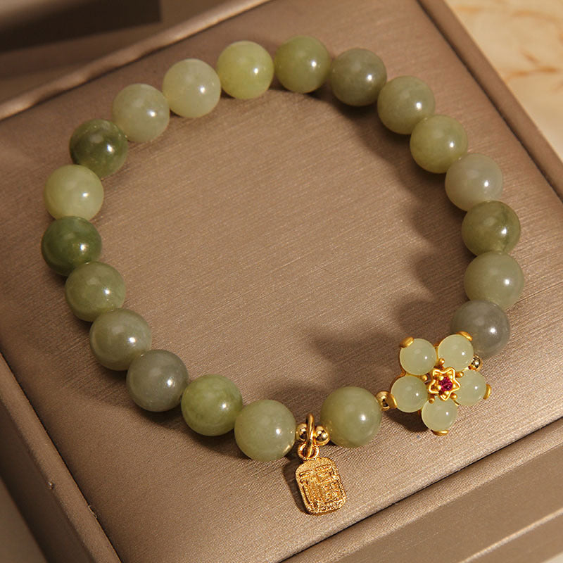 MythStone Green Jade Flower Fu Character Charm Luck Bracelet