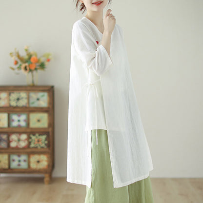 Mythstone Buttons Three Quarter Sleeve Lace-up Shirt Wide Leg Pants Meditation Cotton Linen Clothing