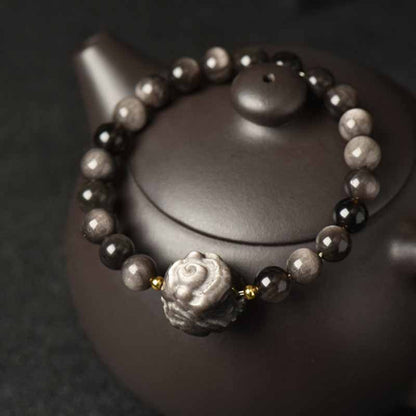 Mythstone Silver Sheen Obsidian Lotus Flower Nine Tailed Fox Laughing Buddha Protection Bracelet