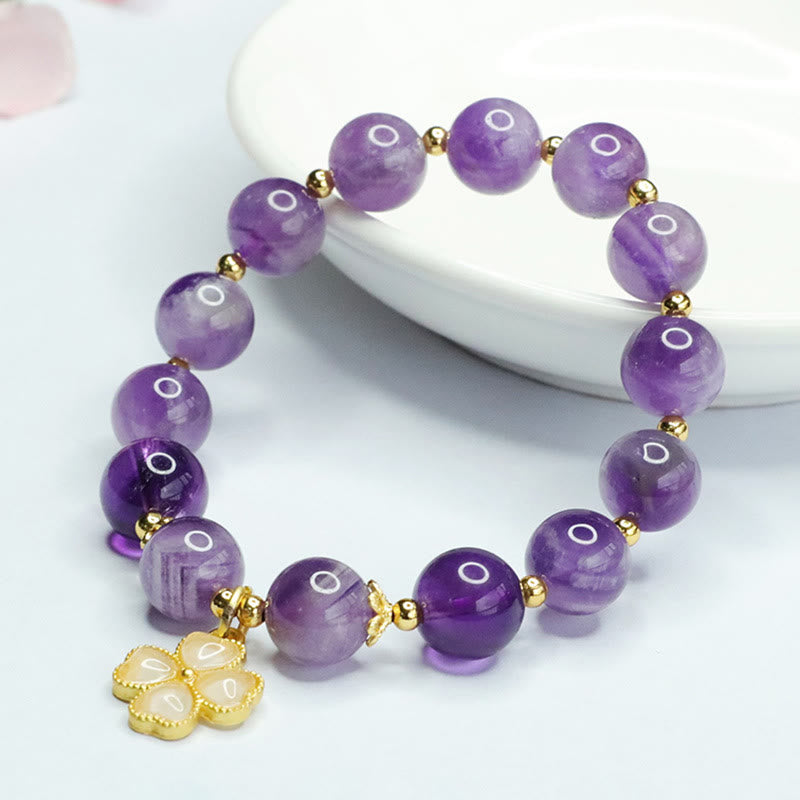 Mythstone Natural Amethyst Crystal Inner Peace Four Leaf Clover Charm Bracelet