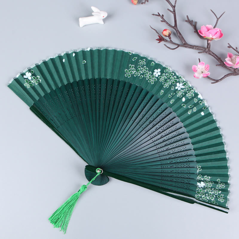 Mythstone Cherry Blossom Sakura Camellia Handheld Silk Bamboo Folding Fan 21cm