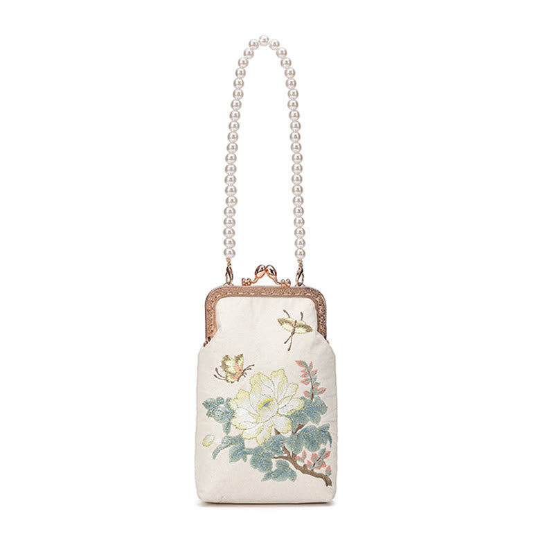 Mythstone Small Flowers Butterfly Embroidered Pearl Metal Chain Shoulder Bag Crossbody Handbag Cellphone Bag