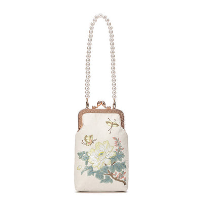 Mythstone Small Flowers Butterfly Embroidered Pearl Metal Chain Shoulder Bag Crossbody Handbag Cellphone Bag