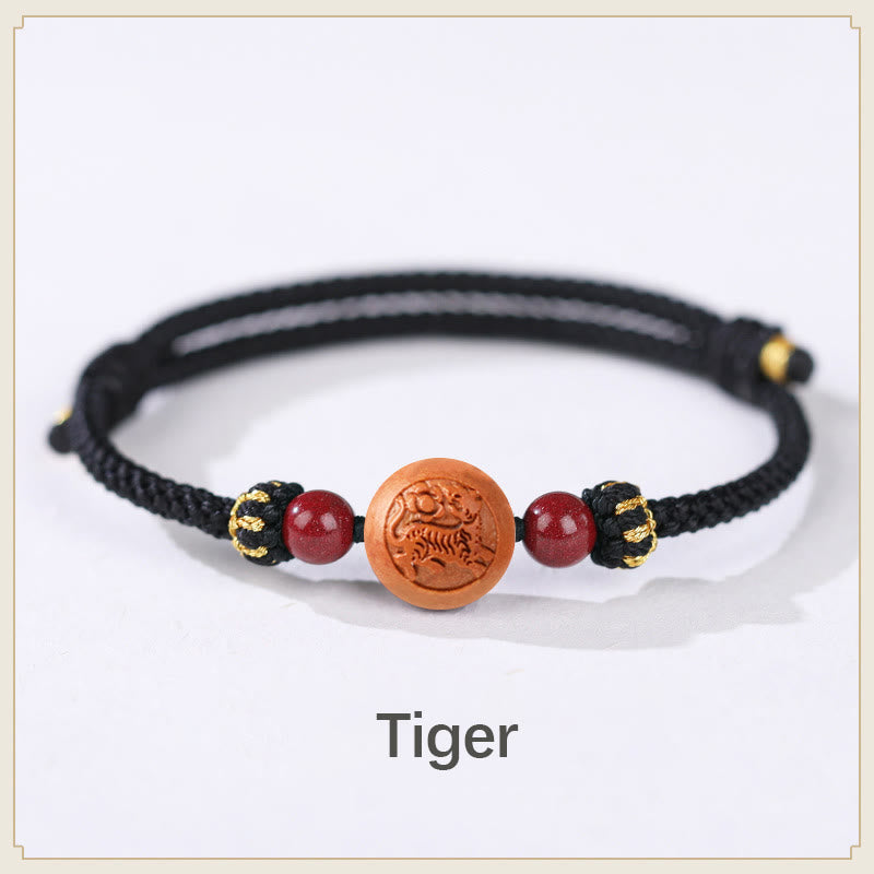 Mythstone Natural Peach Wood Chinese Zodiac Fu Character Carved Cinnabar Wealth Bracelet