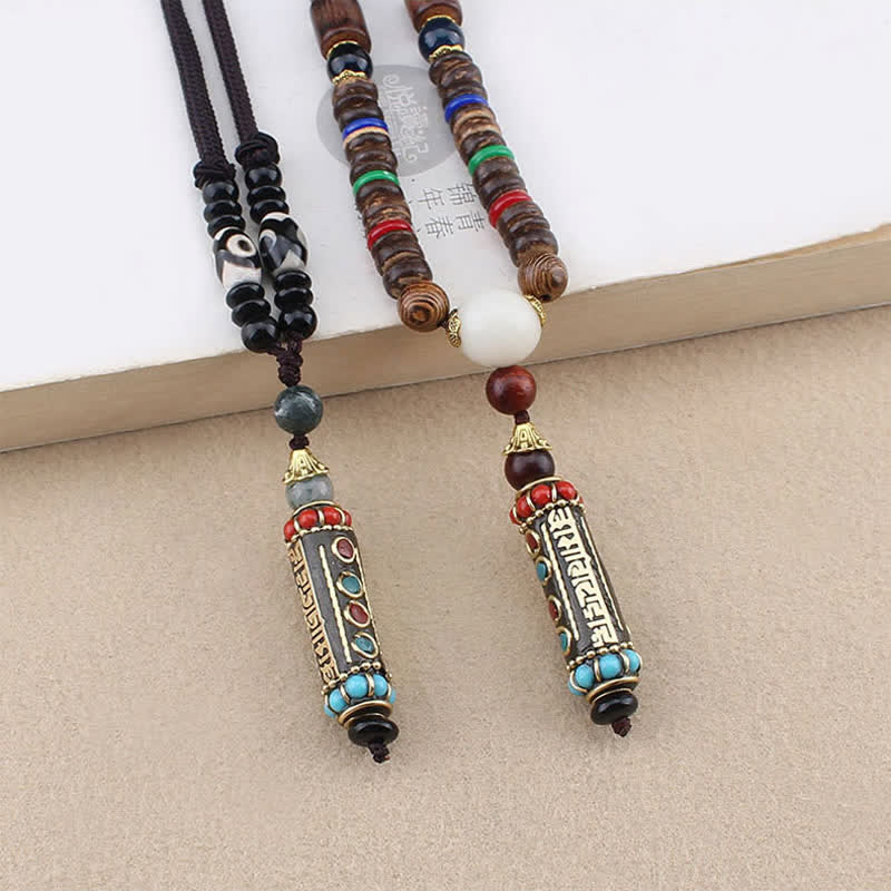 Mythstone Tibetan Om Mani Padme Hum Dzi Bead Wenge Wood Necklace Pendant