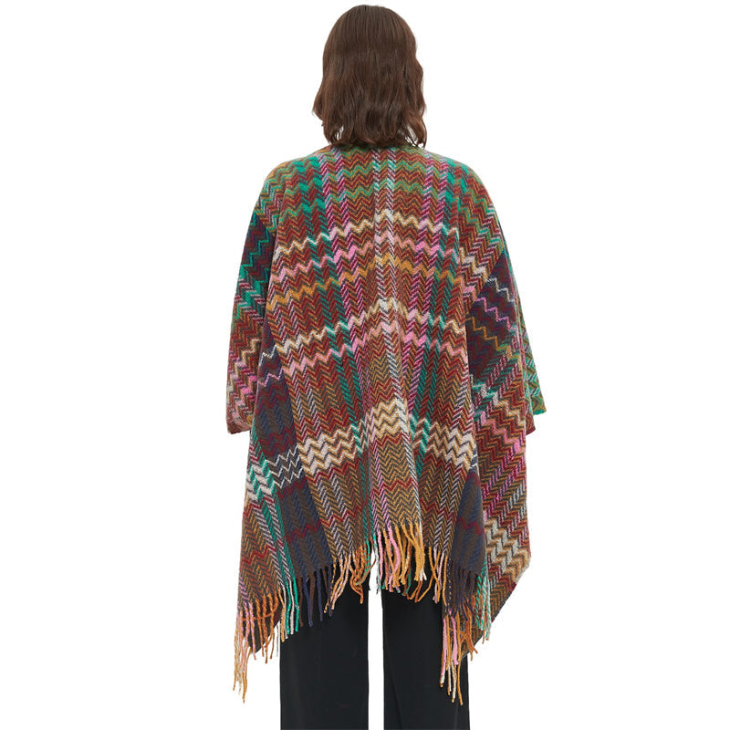 Mythstone Tibetan Shawl Colorful Wavy Line Tassels Winter Cozy Travel Scarf Wrap