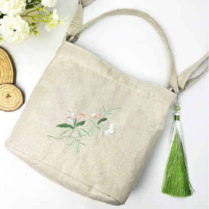 Mythstone Embroidery Wisteria Plum Lotus Cherry Blossom Cotton Linen Canvas Tote Crossbody Bag Shoulder Bag Handbag