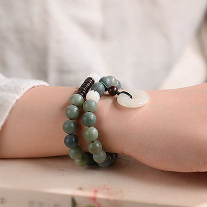 Pulsera de doble vuelta con hebilla de paz y sabiduría, semilla de bodhi, loto y jade cian