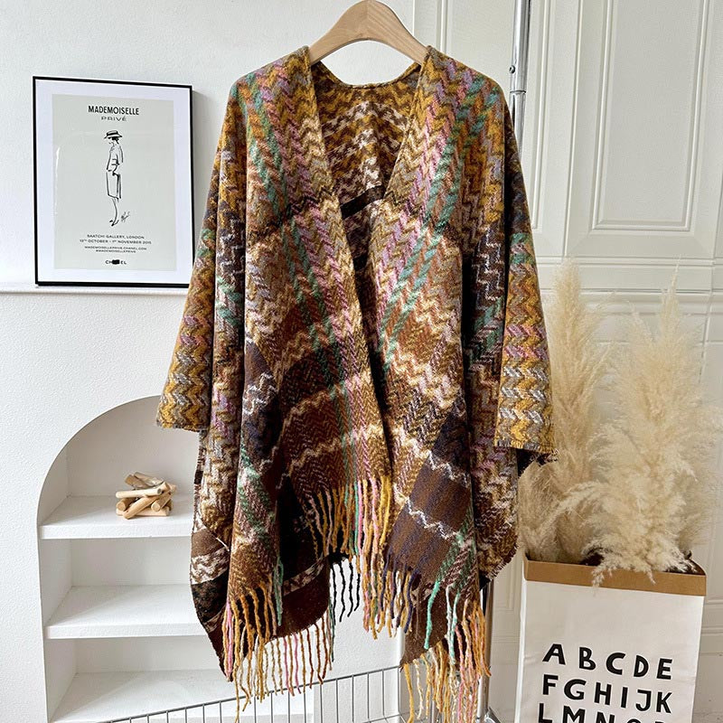 Mythstone Tibetan Shawl Colorful Wavy Striped Shapes Tassels Winter Cozy Travel Scarf Wrap