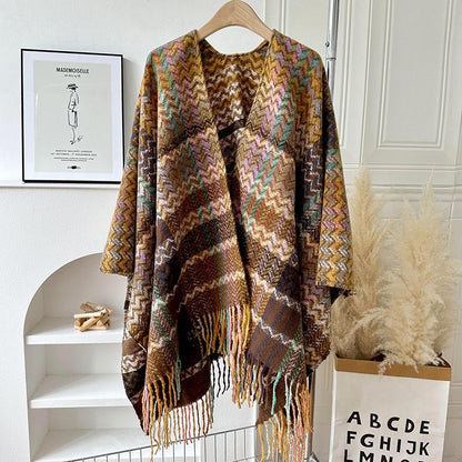 Mythstone Tibetan Shawl Colorful Wavy Striped Shapes Tassels Winter Cozy Travel Scarf Wrap