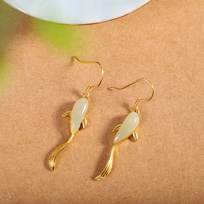 Fish Pattern Jade Luck Dangle Drop Earrings