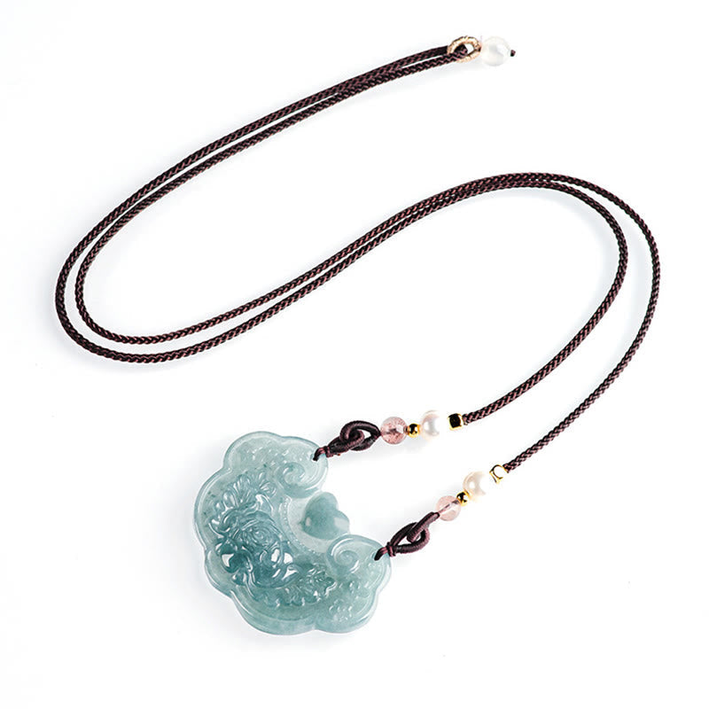 Colgante de collar con candado de buenos deseos y prosperidad con flor de peonía de jade natural Mythstone