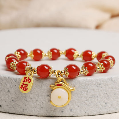 MythStone Year of the Dragon Red Agate Green Aventurine Peace Buckle Fu Character Lucky Fortune Bracelet