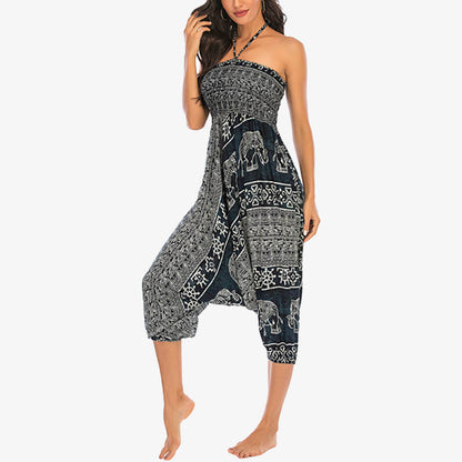 Mythstone Two Style Wear Elephant Pattern Loose Smocked Harem Trousers Jumpsuit Women's Yoga Pants