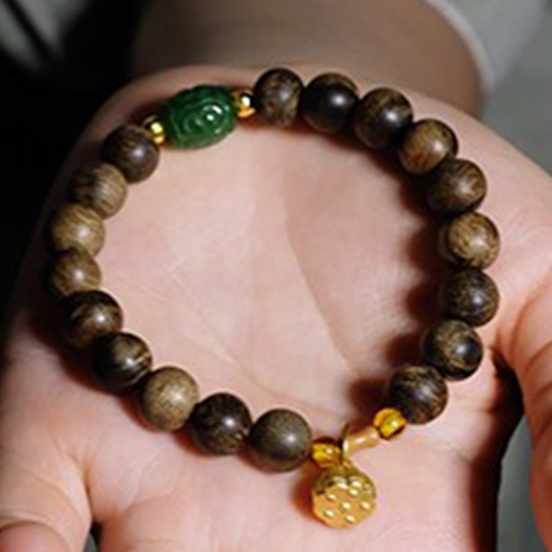 Mythstone 999 Gold Brunei Agarwood Cyan Jade Lotus Flower Peace Strength Bracelet