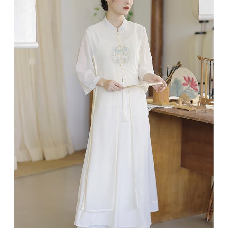 Mythstone Embroidery Chiffon Cheongsam Midi Dress Wide Leg Pants Meditation Zen Practice Clothing