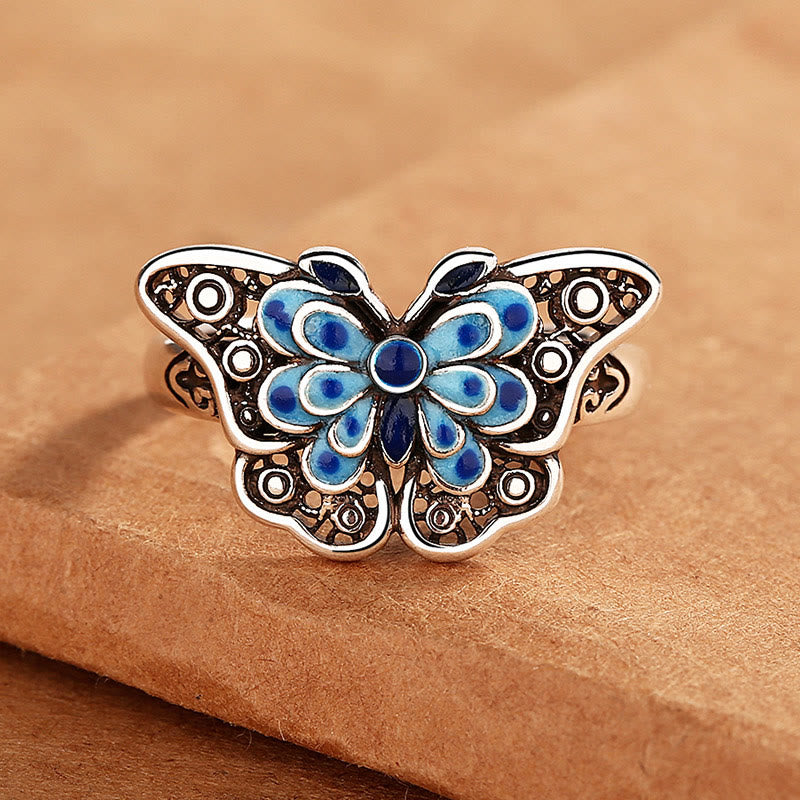 Mythstone Hollow Enamel Blue Butterfly Pattern Love Ring