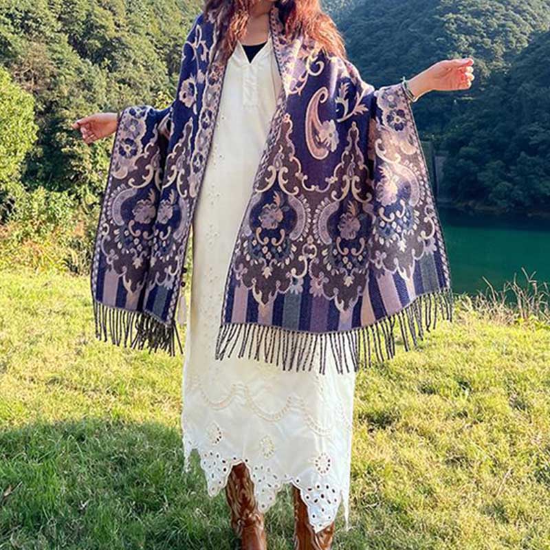 Mythstone Tibetan Flowers Leaves Branch Design Tassel Shawl Cozy Travel Scarf Wrap