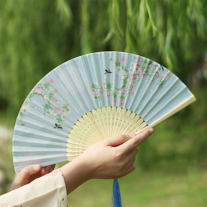 Mythstone Classic Birds Singing Flowers Handheld Bamboo Folding Fan