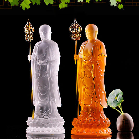 Mythstone Handmade Ksitigarbha Bodhisattva Figurine Liuli Crystal Art Piece Serenity Statue Home Decoration