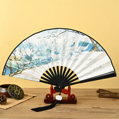 Mythstone Vintage Phoenix Nine-Tailed Fox Flower Bamboo Tiger Handheld Folding Fan Lotus Tassel Fan