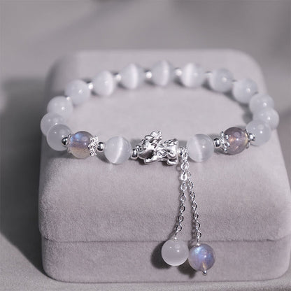 Mythstone Natural Cat's Eye Moonstone Strawberry Quartz PiXiu Support Bracelet