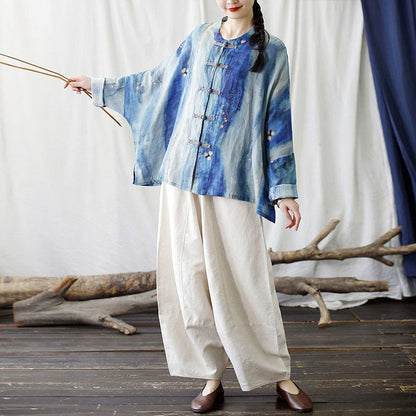 Mythstone Blue White Beige Small Flower Frog-button Design Long Sleeve Ramie Linen Jacket Shirt