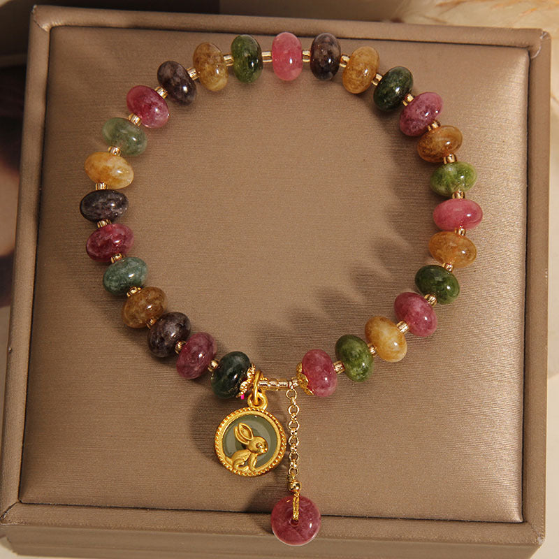 Mythstone Natural Colorful Tourmaline Cute Rabbit Charm Positive Bracelet