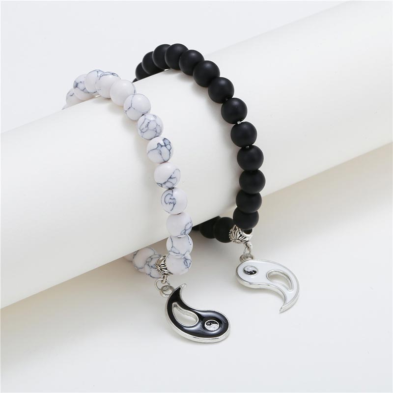 MythStone 2pcs Natural Black Onyx White Turquoise Bead Yin Yang Couple Bracelet