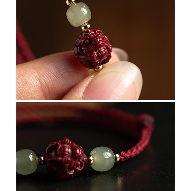 Mythstone Natural Cinnabar Chinese Zodiac Hetian Jade Fu Character Luck Rope Bracelet