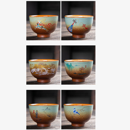 Mythstone Colorful Deer Pipa Snow Plum Blossoms Mountains Rivers Bird Ceramic Teacup Kung Fu Tea Cup Bowl