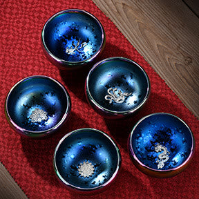 Mythstone Lotus Dragon Phoenix Koi Fish Peacock Chinese Jianzhan Inlaid Silver Kiln Change Ceramic Teacup Kung Fu Tea Cup