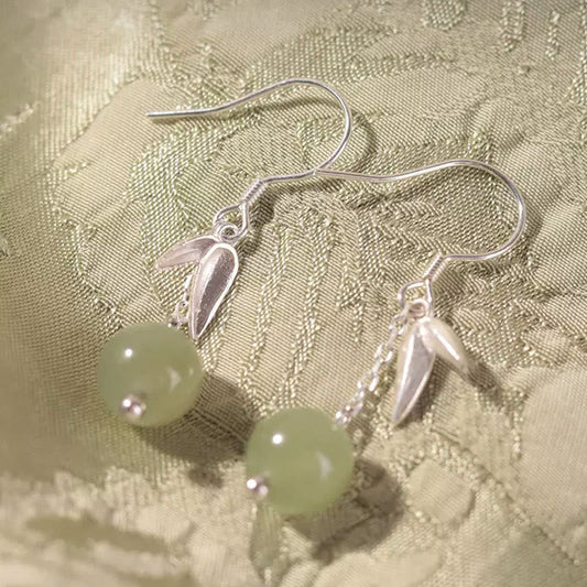 Mythstone 999 Sterling Silver Hetian Jade Bead Bamboo Leaf Luck Drop Dangle Earrings