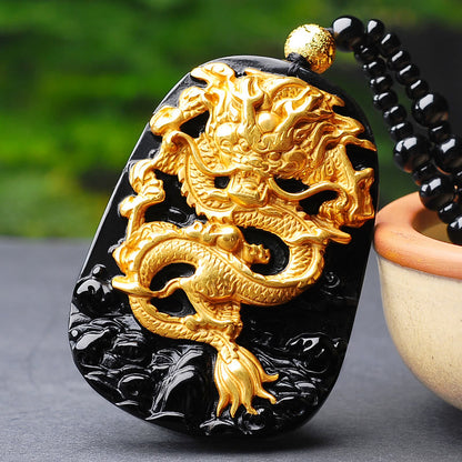 Mythstone 18k Gold-plated Dragon Obsidian Lucky Pendant Necklace