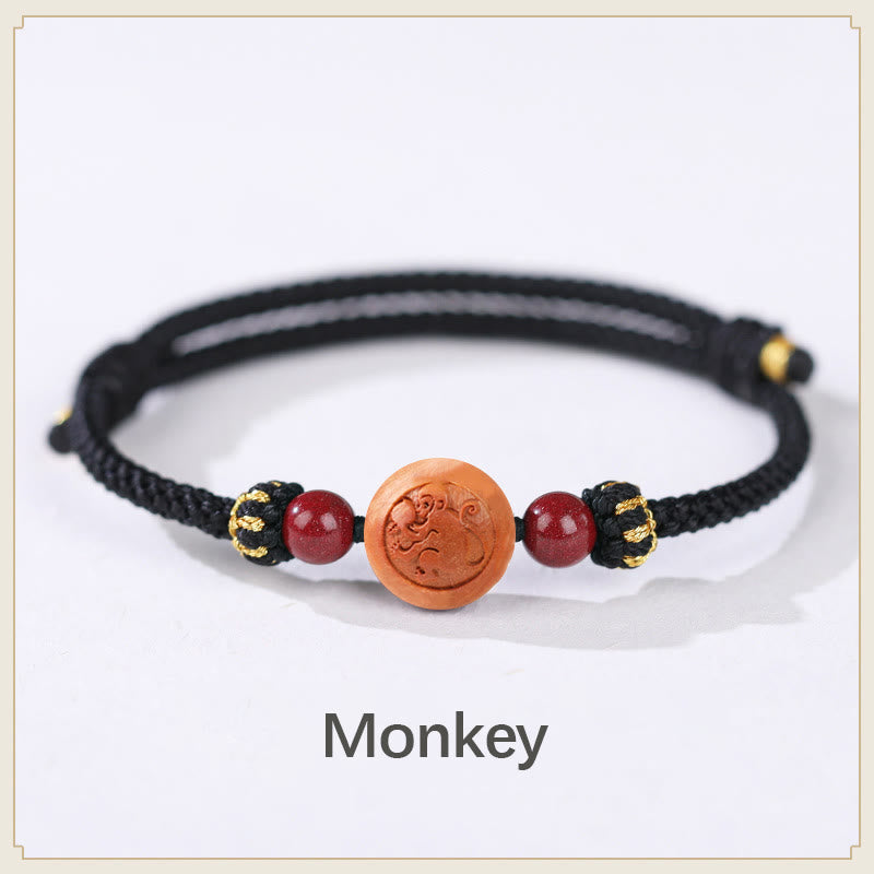 Mythstone Natural Peach Wood Chinese Zodiac Fu Character Carved Cinnabar Wealth Bracelet