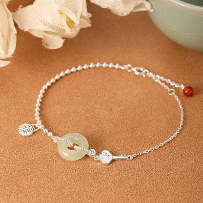 Mythstone 925 Sterling Silver Hetian Jade Peace Buckle Fu Character Luck Chain Bracelet