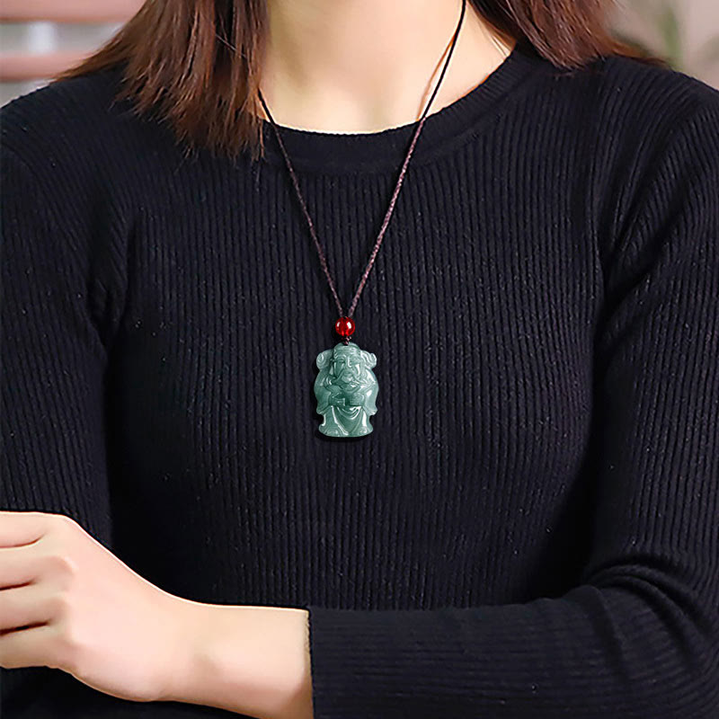 Mythstone Natural Green Jade Chinese God of Wealth Caishen Ingot Abundance Necklace Pendant