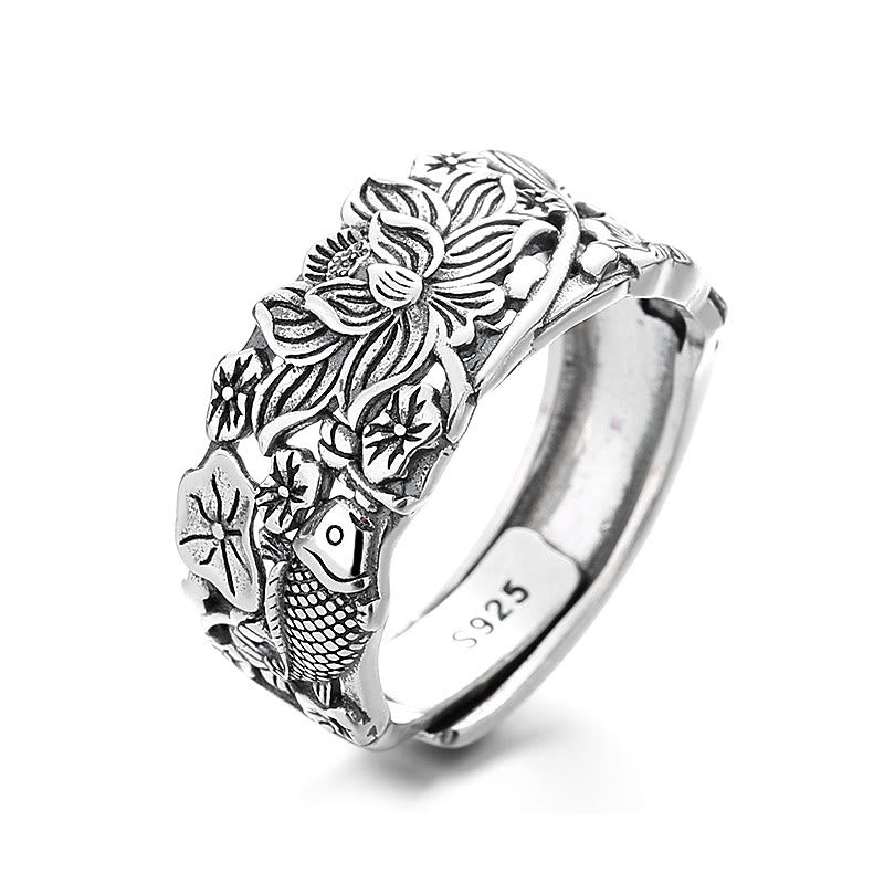 Mythstone 925 Sterling Silver Koi Fish Lotus Flower Prosperity Ring