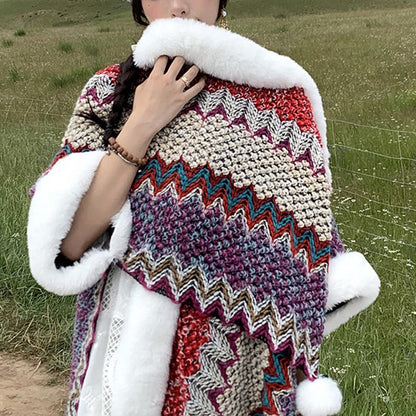 Mythstone Tibetan Multicolored Wavy Lines Knitted Striped Shawl Coat Winter Cozy Travel Scarf Wrap