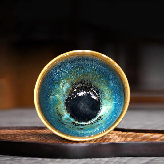 Mythstone Vintage Handmade Chinese Jianzhan Blue Colorful Glaze Ceramic Teacup Ceramic Kung Fu Tea Cup