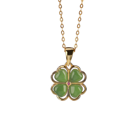 Mythstone 925 Sterling Silver Hetian Cyan Jade Lucky Four Leaf Clover Healing Necklace Pendant