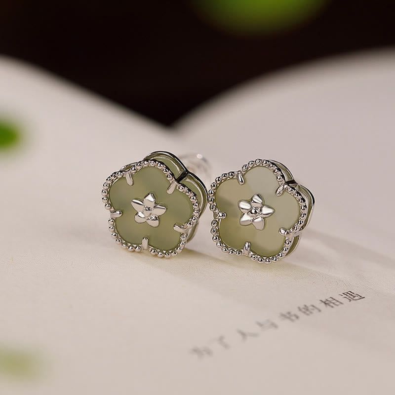 Mythstone 925 Sterling Silver Hetian Jade Plum Flower Luck Stud Earrings