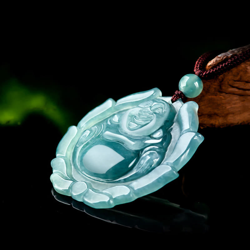 Colgante de collar con diseño de Buda sonriente de jade natural y loto de Mythstone