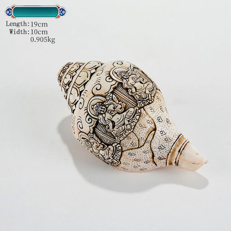 Mythstone Tibetan Handmade Engraved Shankha Buddha Avalokitesvara Conch Shell Wealth Decoration