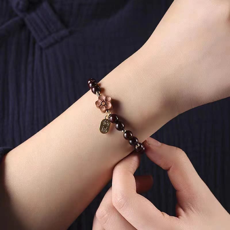 Mythstone Natural Sandalwood Peach Blossom Small Leaf Red Sandalwood Ruyi Charm Protection Bracelet