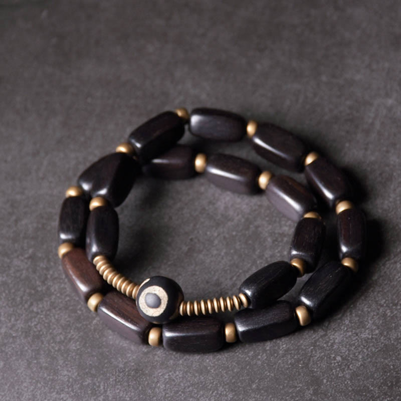 Mythstone Tibet Ebony Wood Dzi Bead Copper Balance Double Wrap Bracelet