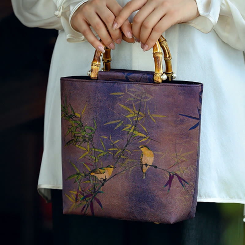 Mythstone Purple Magpie Birds Branches Bamboo Handles Handbag