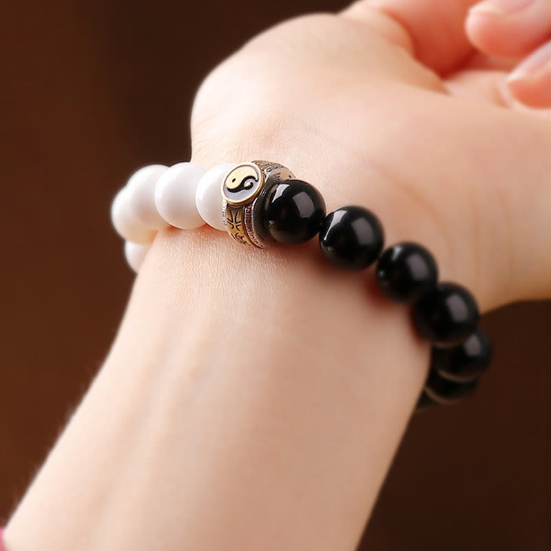 Mythstone 925 Sterling Silver Black Obsidian White Shell Yin Yang Strength Bracelet